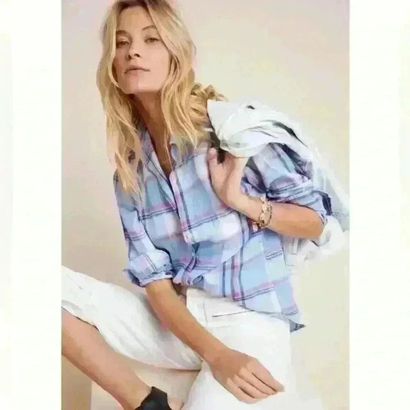 GRAYSON by Anthropologie The Hero Pink Blue Plaid Linen Shirt NEW Size Medium - Picture 1 of 7